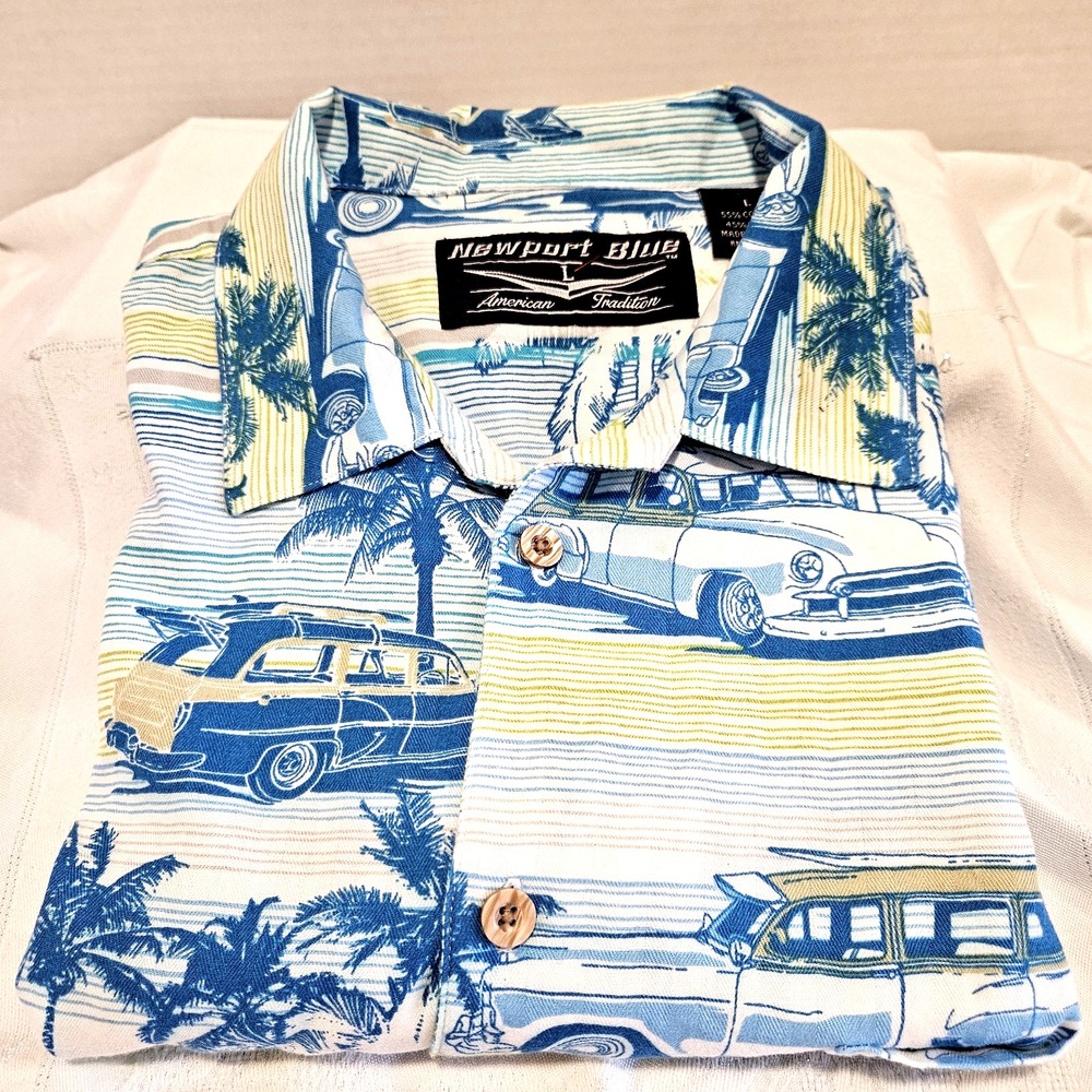 Newport Blue American Tradition Men's L Hawaiian Shirt Vintage Cars/Palm Trees